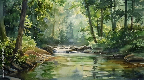 Tranquil watercolor painting of a quiet woodland clearing, soft light filtering through dense leaves, providing a serene retreat