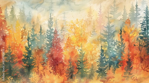Watercolor depiction of a forest during rainfall, the droplets creating a serene melody as they meet the leaves and forest floor
