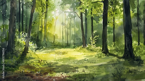 Watercolor depiction of a serene woodland clearing, sunlight illuminating vibrant greens and the quiet of the forest floor