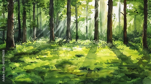 Watercolor depiction of a serene woodland clearing, sunlight illuminating vibrant greens and the quiet of the forest floor © Alpha
