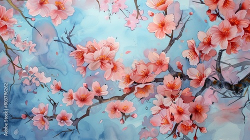 Watercolor depiction of cherry blossoms in full bloom against a clear blue sky, the gentle flowers evoking feelings of serenity and new beginnings © Alpha