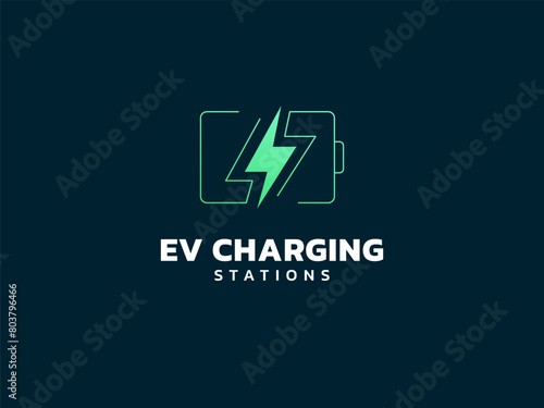 Electric vehicle charging with Lightning Bolt icon in Battery outline Symbol logo vector design concept. EV Battery logotype symbol for Electric Car, EV station, ui, web, ev business, infographic.