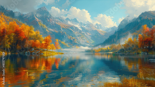  A breathtaking landscape painting of majestic snow-covered mountains towering over trees with vibrant autumn foliage. Created with Ai