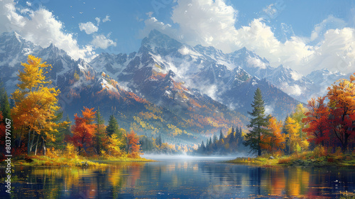 A breathtaking landscape painting of majestic snow-covered mountains surrounded by vibrant autumn foliage. Created with Ai