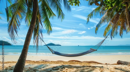 hammock between palm trees with beach view with white sand and turquoise water and blue sky with white clouds background