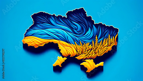 map of Ukraine in vibrant blue and yellow with flowing wheat, representing the nation's spirit and agricultural richness. Ideal for cultural and independence day promotions. Ample copy space. photo