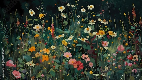 Fototapeta Naklejka Na Ścianę i Meble -  many flowers growing wild outdoors illustration poster background