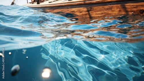 Close-up of a wooden sailboat side with gentle ripples in the blue water reflecting sunlight, serene marine scene
