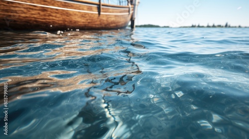 Close-up of a wooden sailboat side with gentle ripples in the blue water reflecting sunlight  serene marine scene 