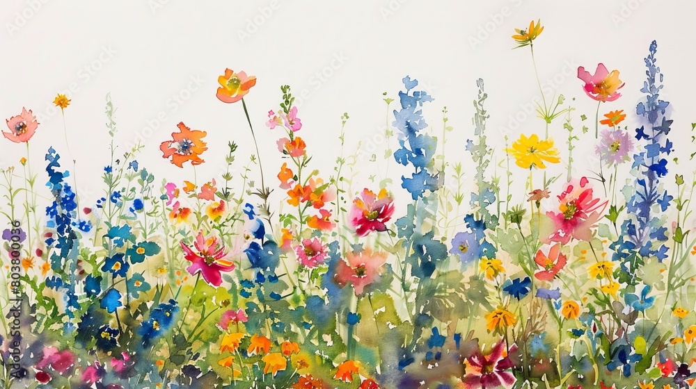 Watercolor of a sunlit field of wildflowers, vivid colors popping against a clear blue sky, energizing and uplifting the clinic atmosphere