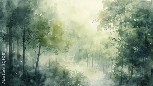 Watercolor illustration of a misty morning in a lush woodland  the soft haze adding a mystical quality to the verdant surroundings