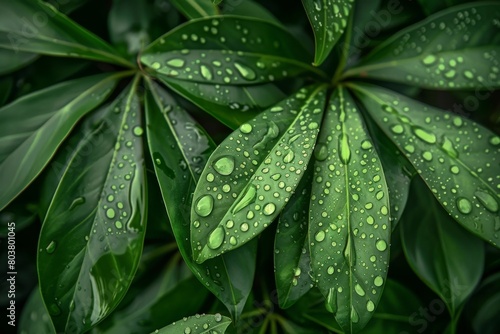 Close-up of Umbrella Tree Schefflera Leaves with Fresh Water Droplets - Nature Detail, Rainy Day, Indoor Gardening photo
