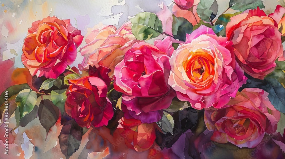 Watercolor of a lush bouquet of garden roses in full bloom, vibrant pinks and reds infusing the clinic space with warmth and joy