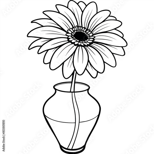 Gerbera flower on the vase outline illustration coloring book page design, Gerbera flower on the vase black and white line art drawing coloring book pages for children and adults

