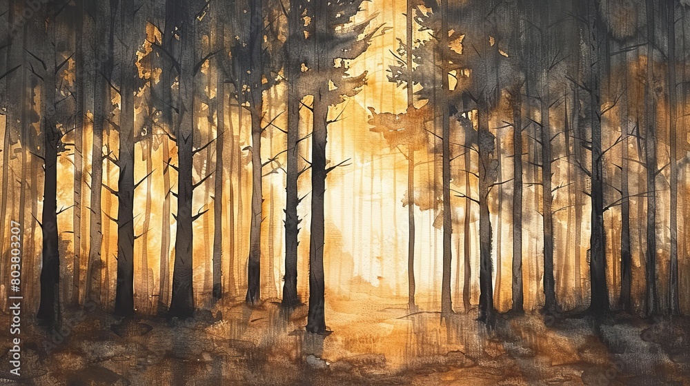 Watercolor painting of a forest at sunset, the sky casting golden hues across the treetops and forest floor, encouraging relaxation