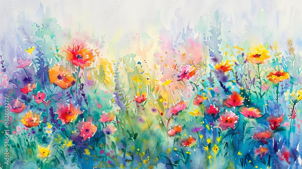 Watercolor painting of a lush field of wildflowers, vibrant colors sprawling across the canvas to bring energy and positivity to the clinic