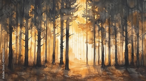 Watercolor painting of a forest at sunset, the sky casting golden hues across the treetops and forest floor, encouraging relaxation © Alpha