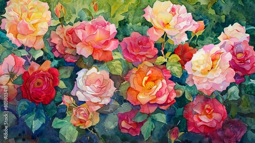 Watercolor painting of a lush garden of blooming roses, each petal painted in vivid hues to evoke joy and vitality in a clinical setting