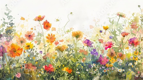 Watercolor painting of a vibrant field of wildflowers, bursting with colors under a bright blue sky, uplifting and lively for clinic decor