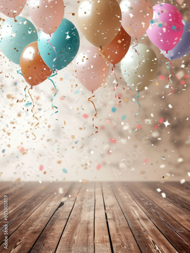 Festive colorful balloons and confetti vertical background with room for copy space for a banner or sign