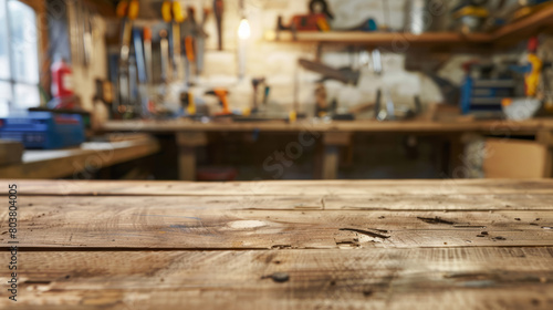 Garage or woodshop interior backdrop, product shot, wooden table top in foreground with blurred tools in background photo