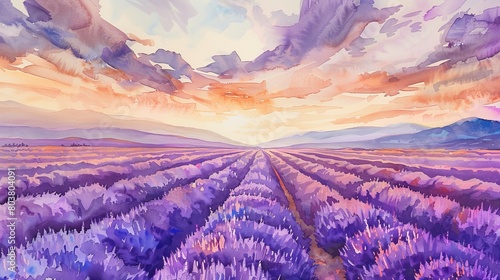Watercolor painting of lavender fields stretching into the horizon, the soothing purples promoting relaxation and a sense of well-being