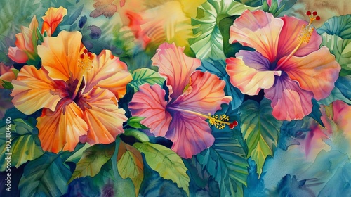 Wallpaper Mural Watercolor painting of tropical hibiscus flowers, the intense colors enhancing the lively and refreshing clinic ambiance Torontodigital.ca