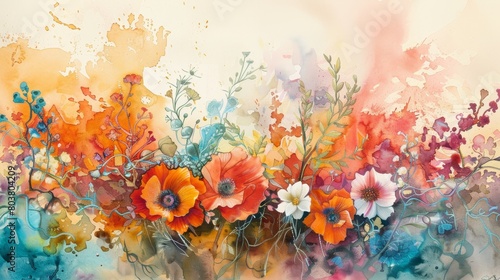 Watercolor portrait of a fantasy floral arrangement  whimsical colors and dreamy backdrop inspiring feelings of wonder and positivity