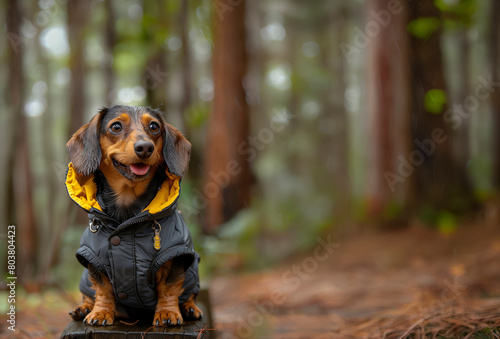 小雨の降る梅雨の公園でペット用のレインコートを着ておすわりしているかわいいミニチュアダックスフンド 