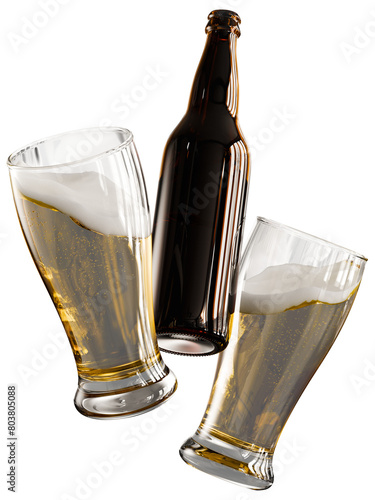 3D Beer Glasses and Bottle Floating, Celebration Concept