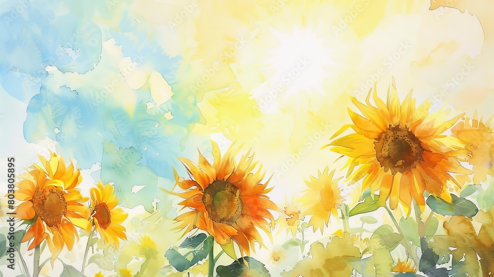 Watercolor scene of sunflowers turning towards the sun, their bright yellows and deep greens creating an atmosphere of warmth and positivity Watercolor scene of sunflowers turning towards the sun, their bright yellows and deep greens creating an atmosphere of warmth and positivity