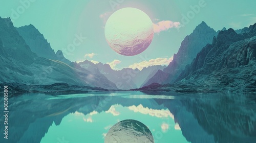 Fantastical setting with a radiant sphere floating in the sky, over mountains and a reflective lake photo