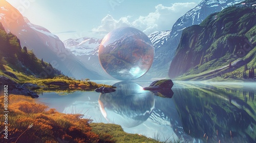 In a dreamlike landscape, a luminous sphere floats over a mountainous backdrop by a serene lake photo