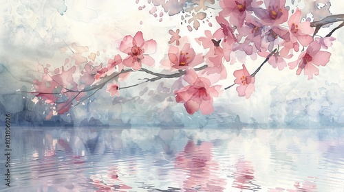 Watercolor scene of a cherry blossom branch overhanging a peaceful pond, the blossoms' transient beauty reminding of renewal and the fleeting nature of life photo