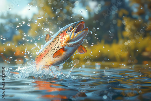 An action shot of the rainbow catfish jumping out of the water, in a hyper realistic. Created with Ai
