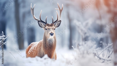 Deer in winter forest. Wild animal in winter forest. Wildlife scene.