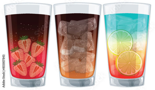 Three glasses with different flavored colorful drinks
