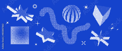 Bitmap pixelated shape set. Dither halftone geometric object collection. White sphere, square, stars, sparkles, prism elements for banner, poster, leaflet. Pixel 3d raster effect bundle. Vector pack
