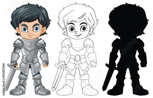 Vector illustration of knight in three design stages.