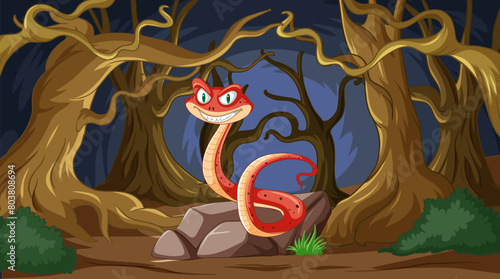 Cartoon snake with a sly smile in a dark forest.