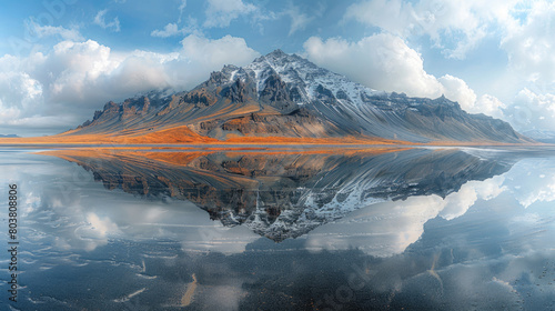  stokings landscape, reflecting mountain in the style of water, cloudy sky, cinematic. Created with Ai photo