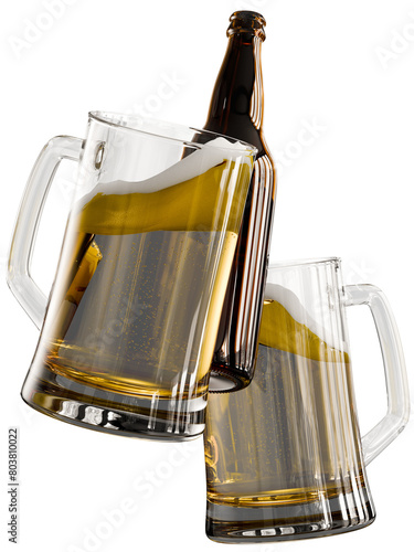 3D Mug Glasses and Bottle of Beer Floating, Celebration Concept