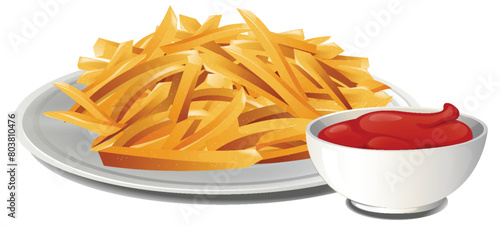 Vector illustration of crispy fries and red ketchup.