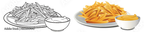 Vector illustration of French fries and sauces.