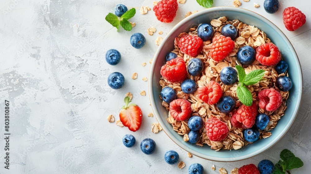 Top view of bowl of oatmeal porridge with fresh berries and mint on white concrete background. Top view of bowl of oatmeal porridge with fresh berries and mint on white concrete background.