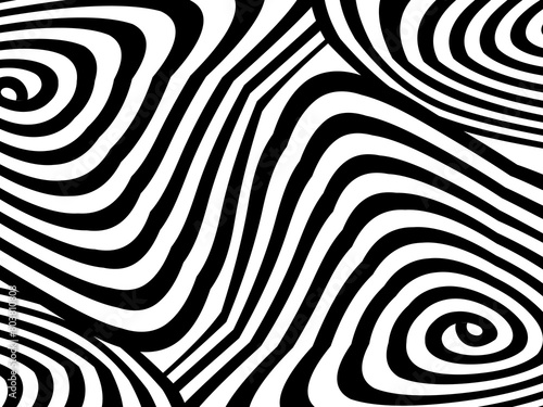 Abstract hypnotic wave pattern with black-and-white striped lines. Psychedelic background. Op art  optical illusion. Modern design  graphic texture.