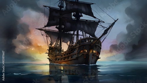 A very scary pirate ship traveling in the night sea photo
