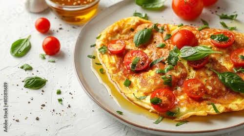 A delicious and healthy breakfast of eggs, cherry tomatoes, basil, and olive oil.