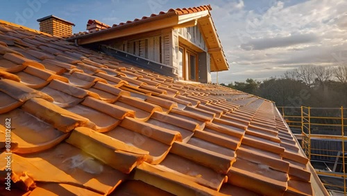 A close up of an orange tiled roof of a house with a dormer window photo