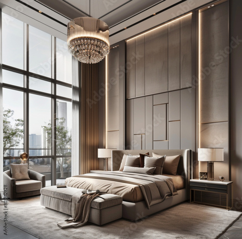 a luxurious bedroom with an elegant bed plush carpeting and soft lighting, featuring a large gray wall panel behind the headboard. The room includes modern furniture such as armchairs and coffee table